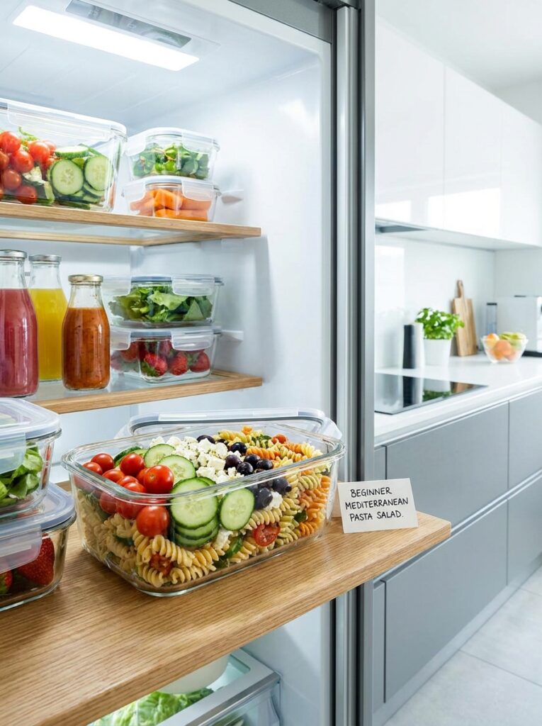 Beginner Mediterranean Tomato Cucumber Pasta Salad Recipe 16 Food storage containers with salad 202605132346