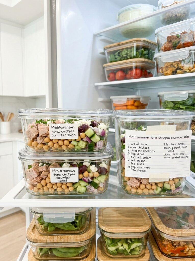 mediterranean tuna chickpea cucumber salad recipe 16 Food storage containers with salad 202605140008