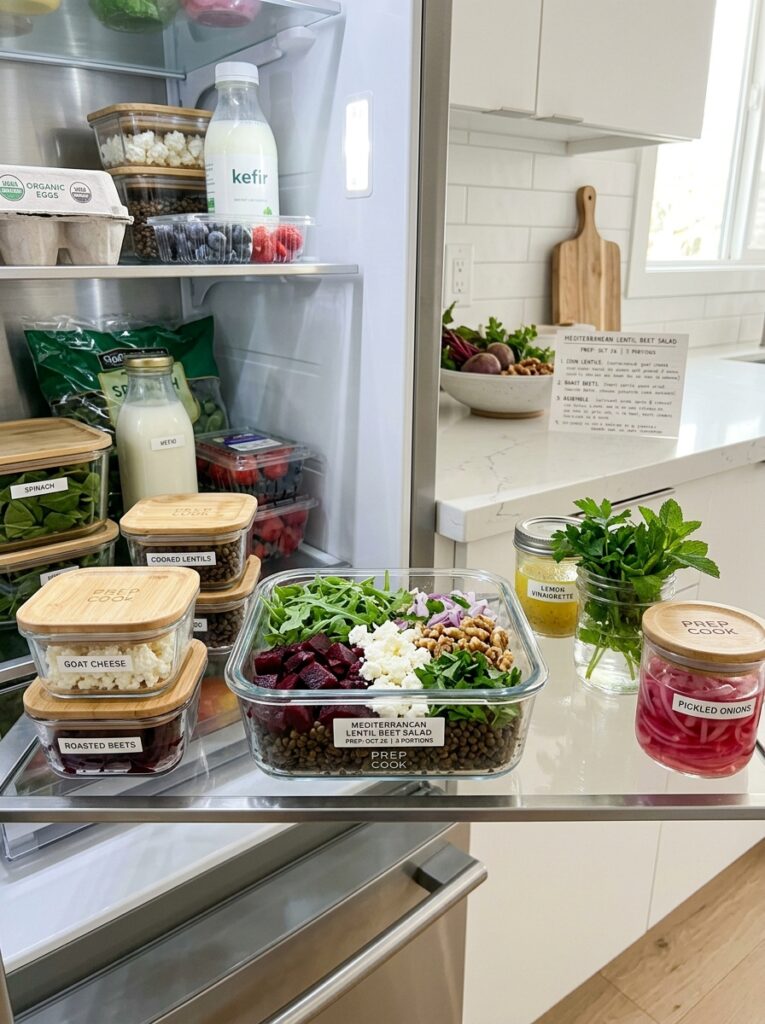 mediterranean lentil beet goat cheese salad recipe 16 Food storage containers with salad 202605231454