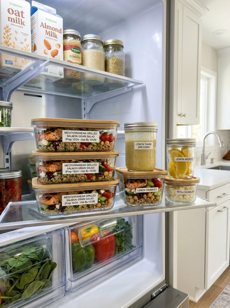 Mediterranean Grilled Salmon Grain Salad Recipe 16 Food storage containers with salad 202605231520
