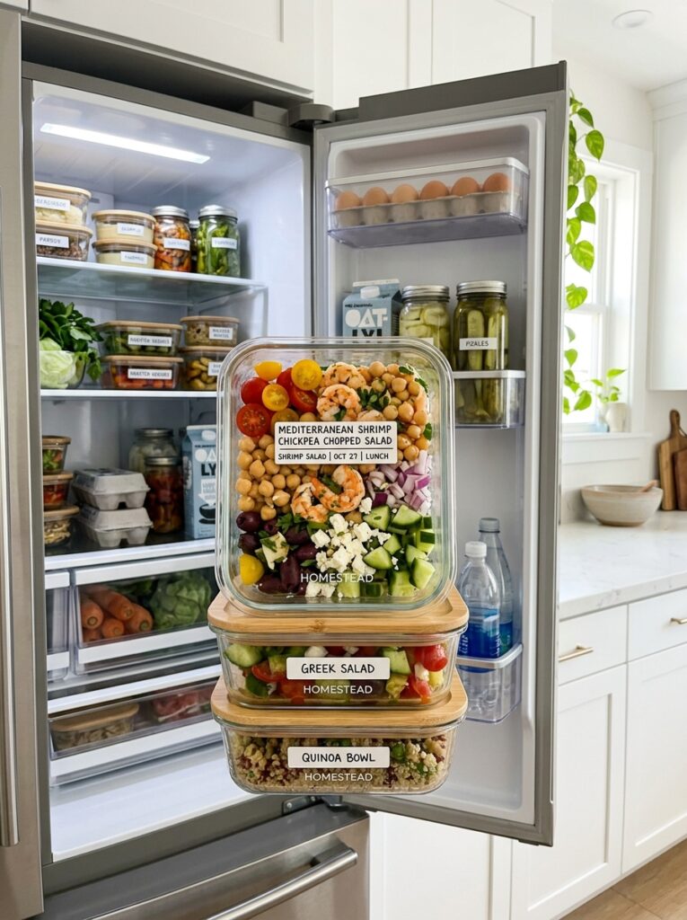 Mediterranean Shrimp Chickpea Chopped Salad Recipe 5 Food storage containers with salad 202605251428
