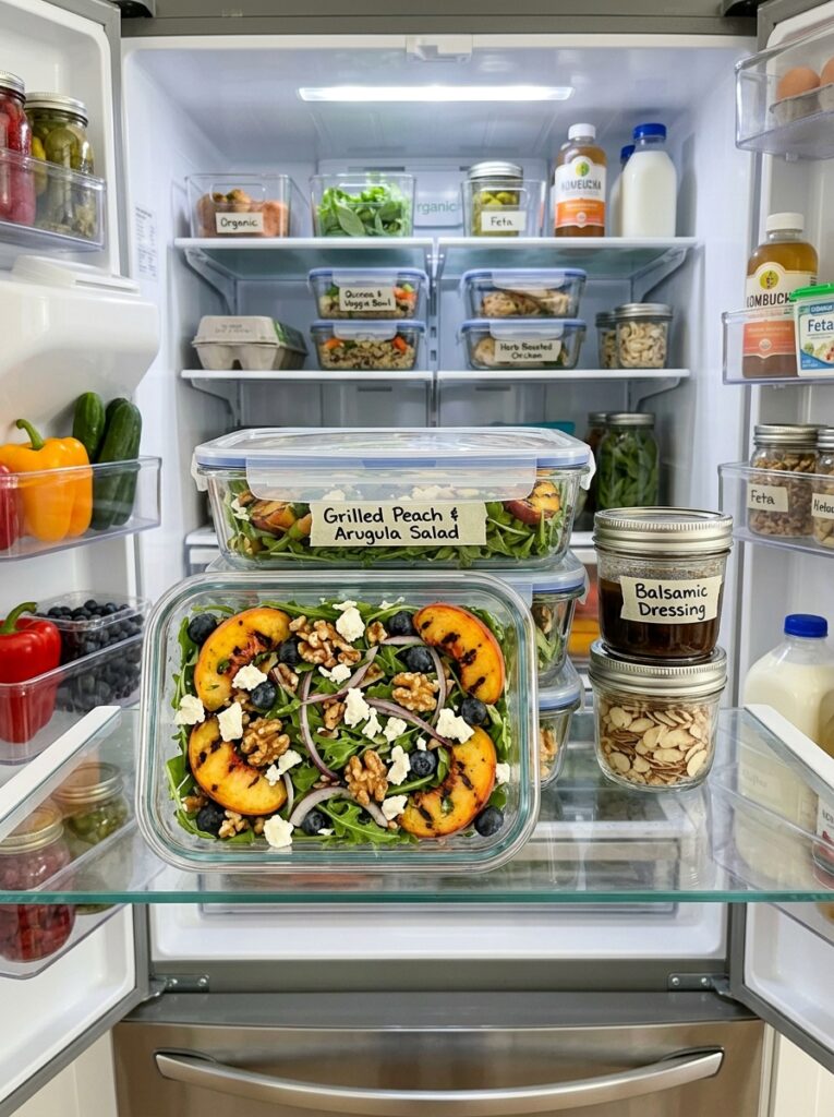 Mediterranean Grilled Peach Arugula Salad Recipe 16 Food storage containers with salad 202605291535