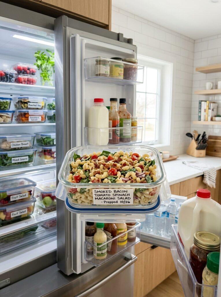 Smoked bacon tomato spinach macaroni salad 16 Food storage containers with salad 202606062020