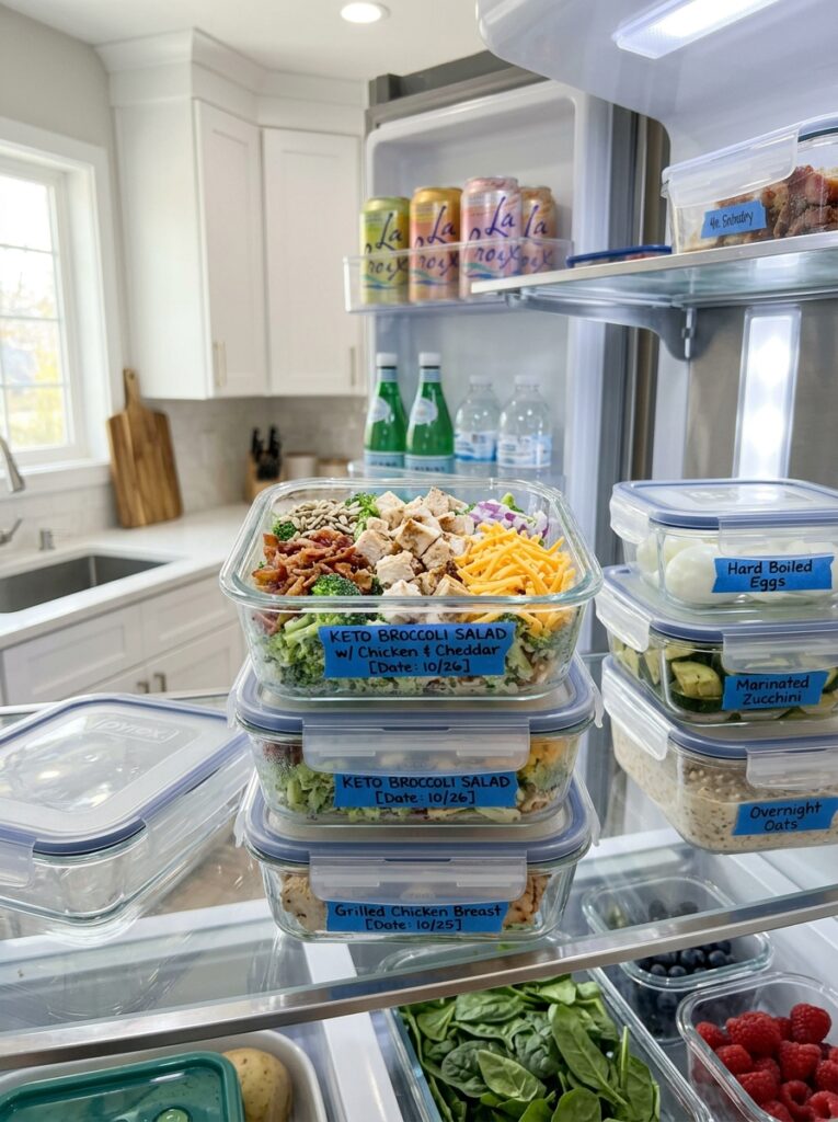 Keto Broccoli Salad with Chicken and Cheddar 16 Food storage containers with salad 202606081808