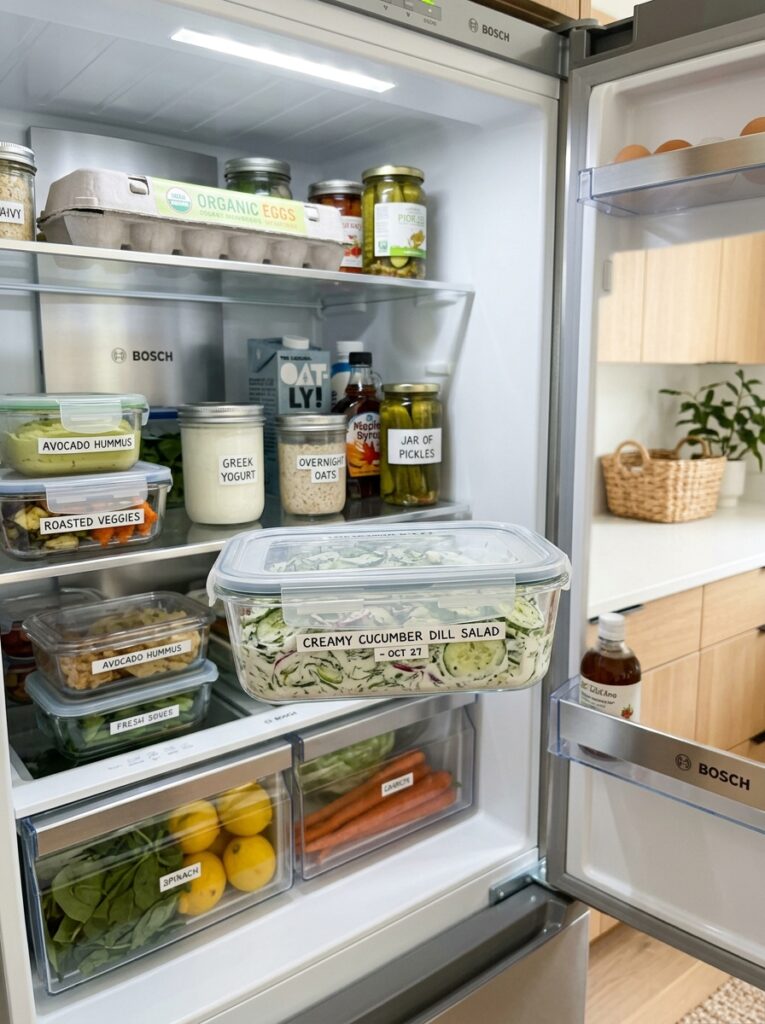 Creamy cucumber dill salad sour cream 16 Food storage containers with salad 202606091723