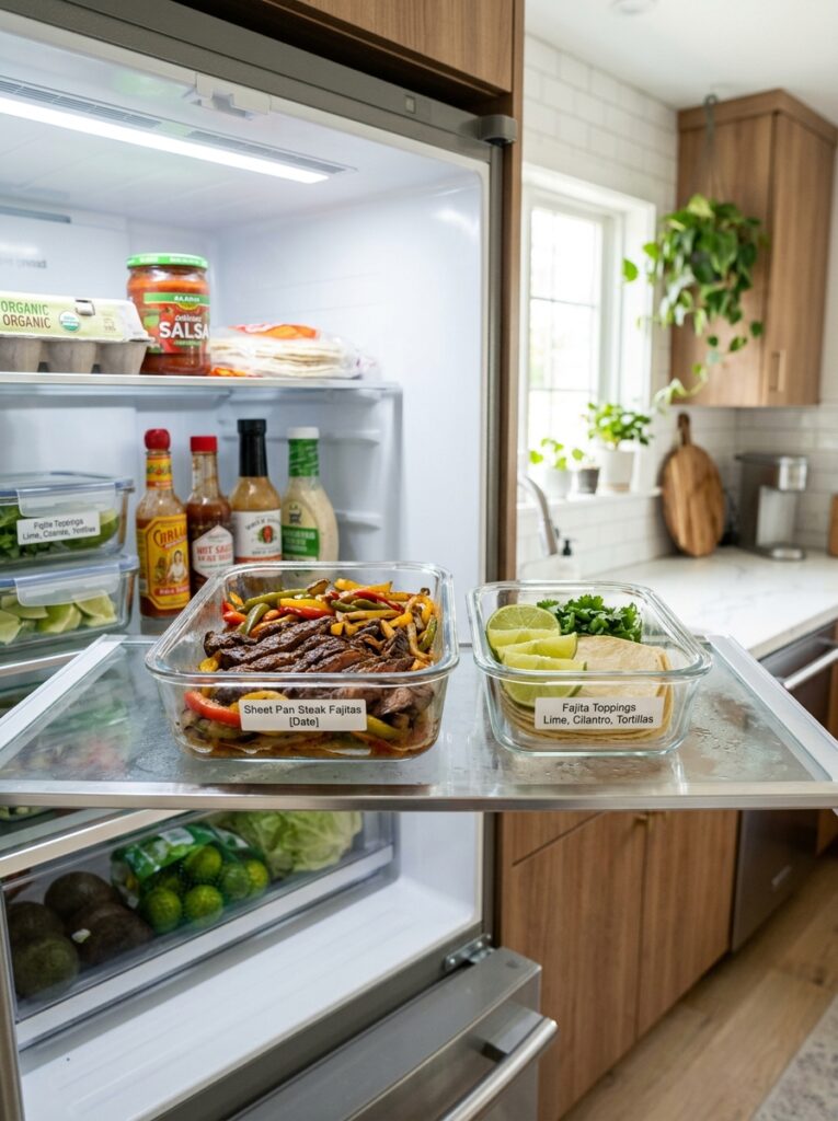 Sheet pan steak fajitas lime 16 Food storage containers with steak 202606121426