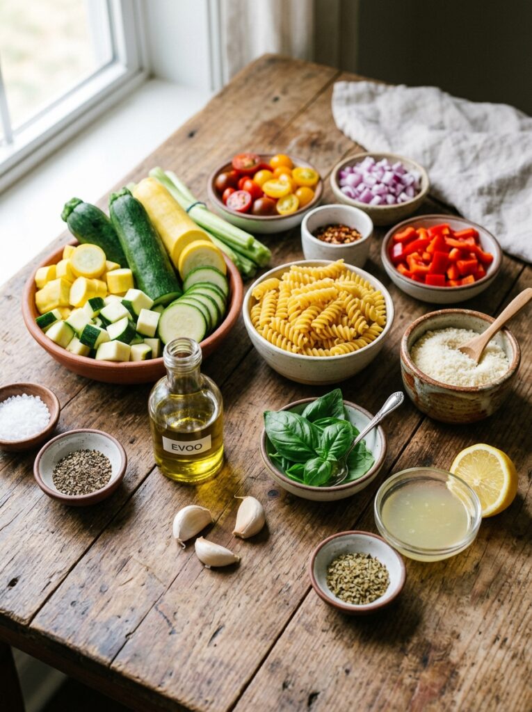 Roasted zucchini yellow squash parmesan pasta salad 1 Fresh ingredients for pasta salad 202606061959