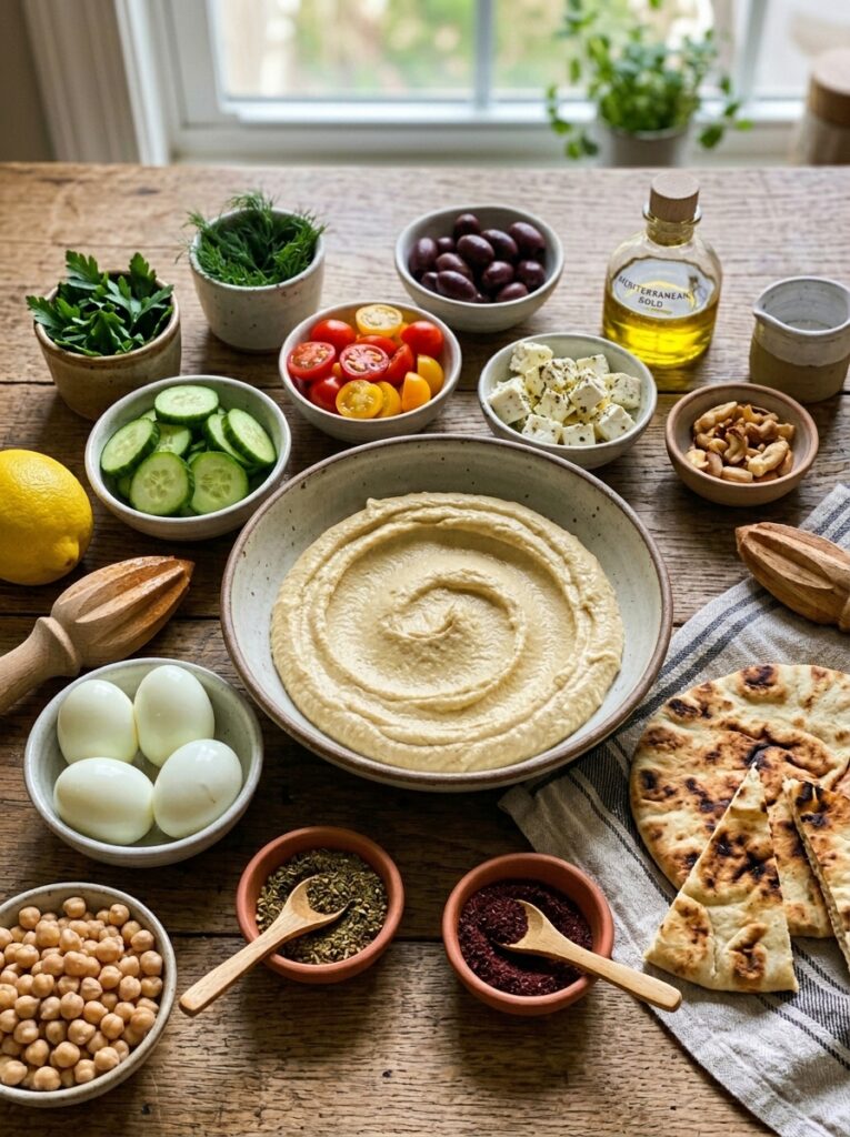 Mediterranean Breakfast Hummus Bowl with Eggs and Cucumbers Recipe 13 Hummus bowl ingredients arranged… 202605141129
