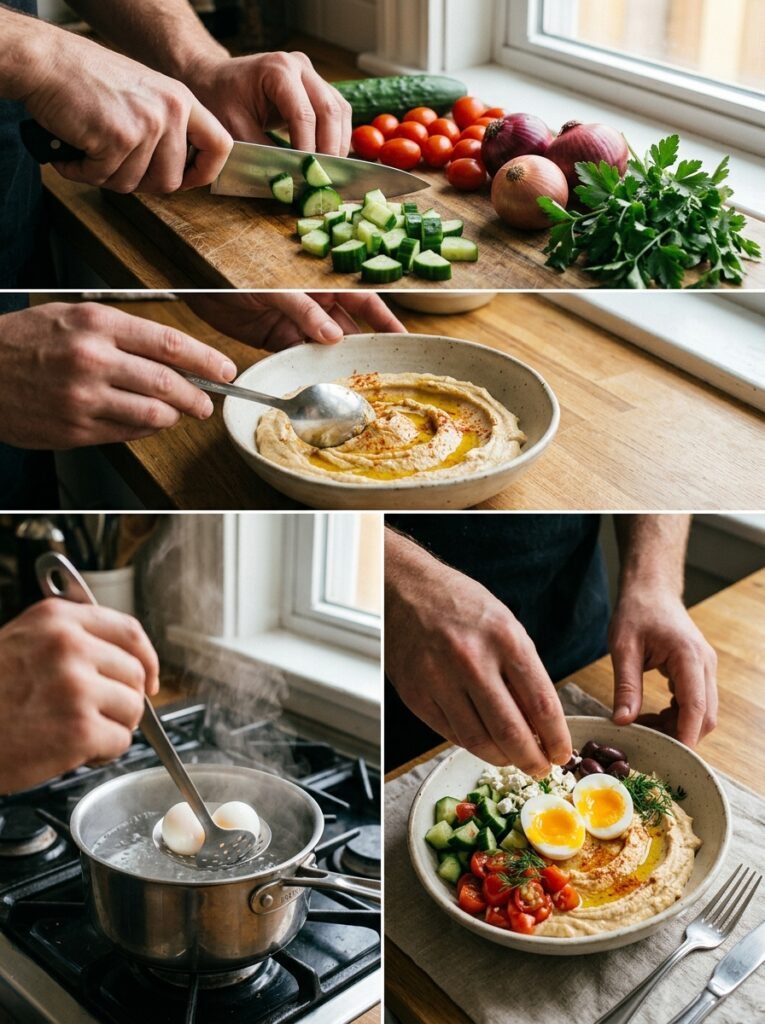 Mediterranean Breakfast Hummus Bowl with Eggs and Cucumbers Recipe 14 Hummus bowl recipe cooking process 202605141133