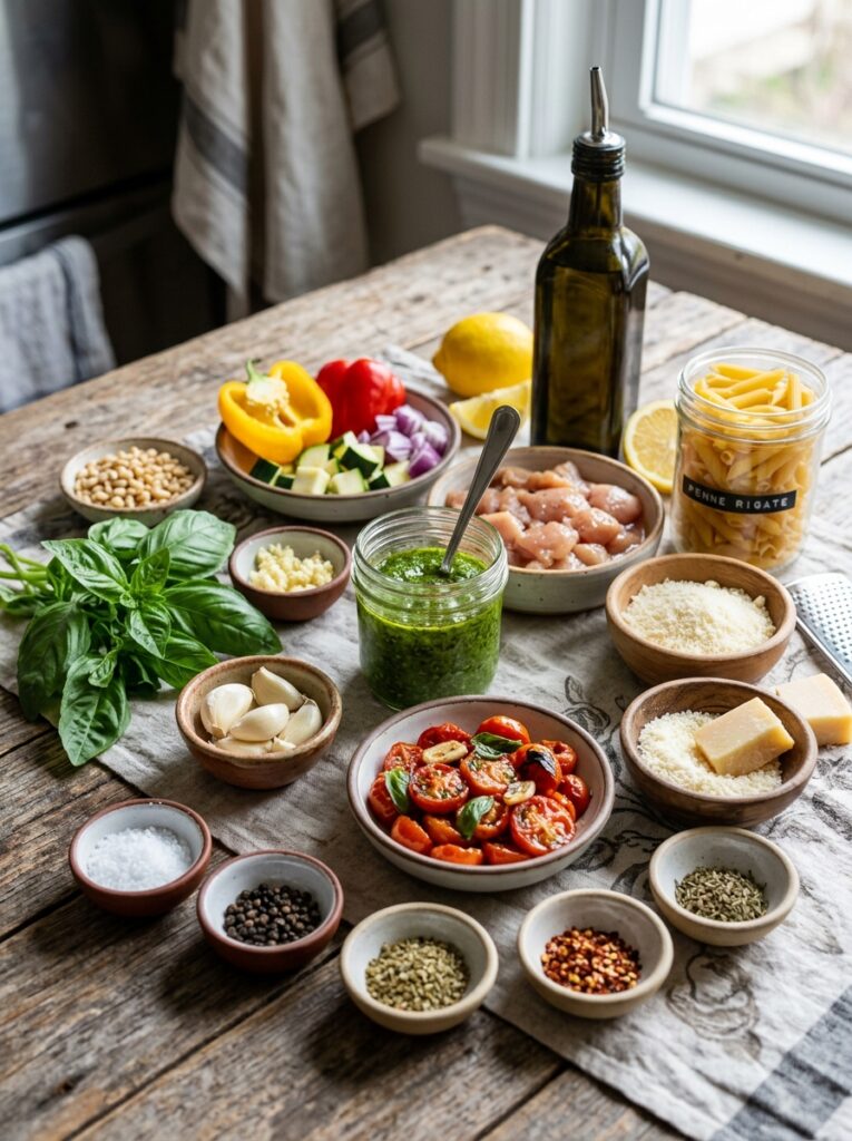 Mediterranean Pesto Chicken Pasta with Roasted Tomatoes Recipe 13 Ingredients for Mediterranean Pe… 202605042212