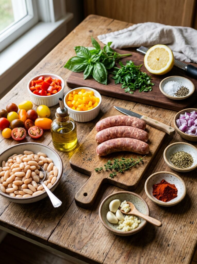 Mediterranean Sausage and White Bean Tomato Skillet Recipe 13 Ingredients for Mediterranean sa… 202605171655