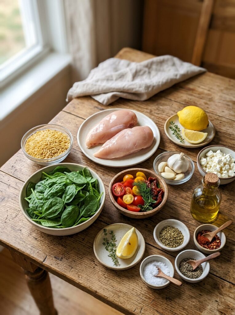 Mediterranean Chicken and Orzo Skillet with Spinach Recipe 13 Ingredients for chicken orzo ski… 202605031925