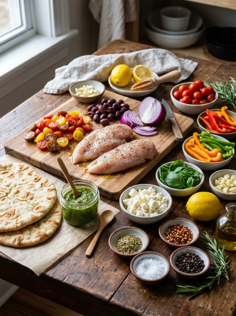 Mediterranean Chicken Pesto Flatbread Pizza Dinner Recipe 13 Ingredients for chicken pesto fl… 202605161406