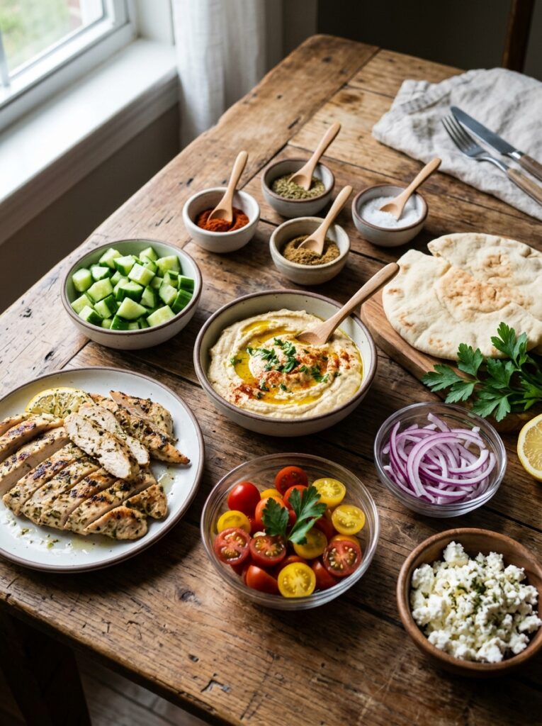 Mediterranean Hummus Chicken Wraps with Crunchy Cucumbers Recipe 13 Ingredients for chicken wraps 202605110039