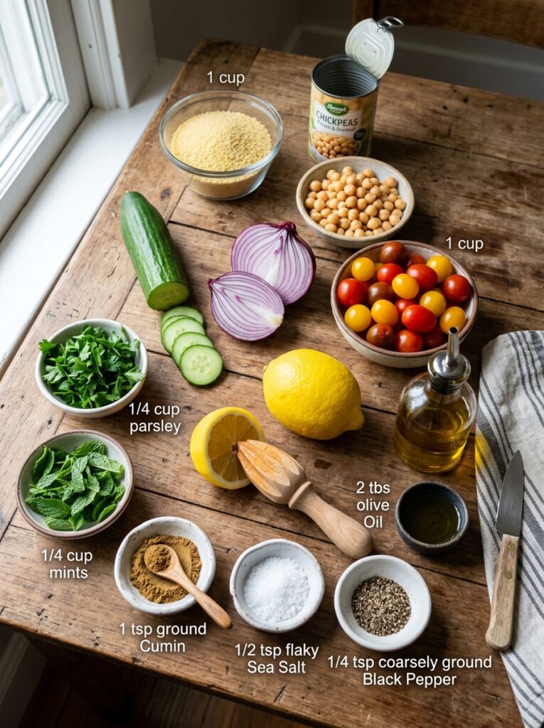 Beginner Mediterranean Couscous Chickpea Salad Recipe 13 Ingredients for couscous chickpe… 202605110047