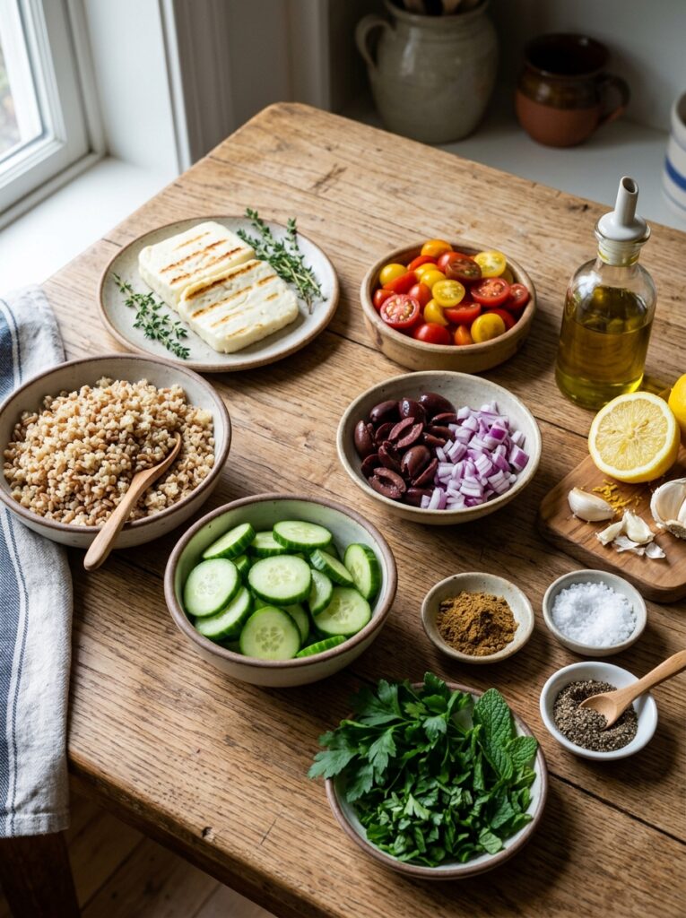 Mediterranean Grilled Halloumi Grain Bowls with Cucumbers Recipe 13 Ingredients for grain bowls 202605171625