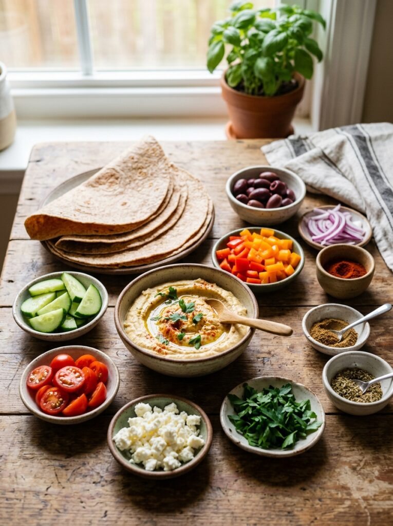 beginner mediterranean hummus veggie wraps recipe 13 Ingredients for hummus veggie wraps 202605311537