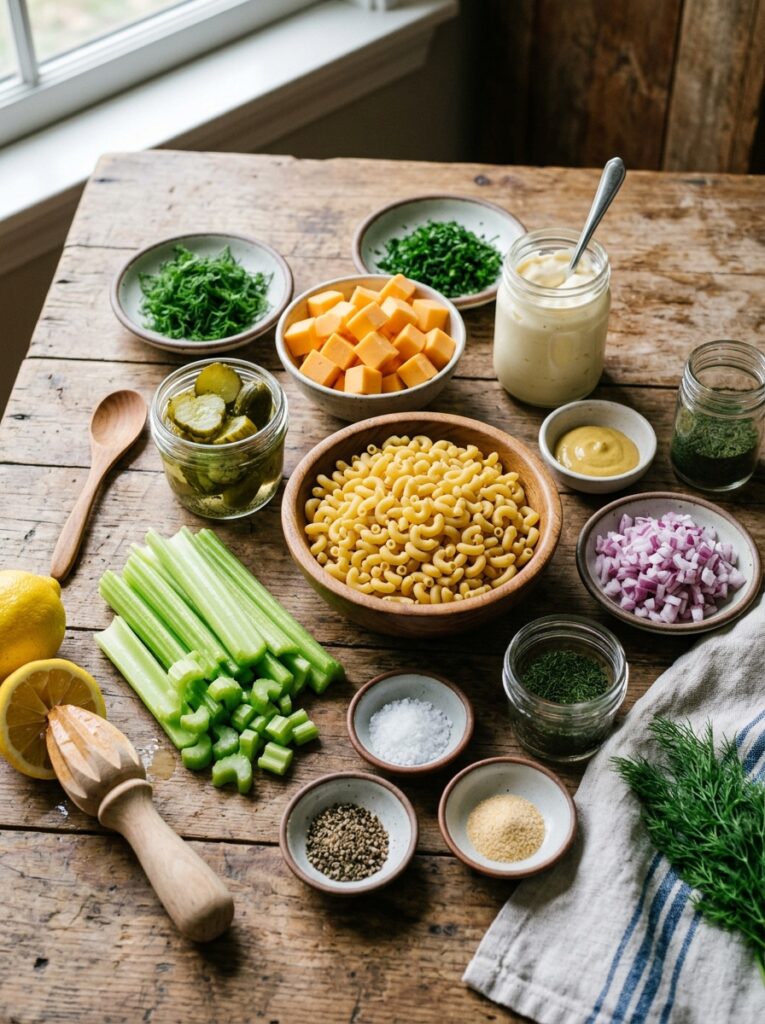 Tangy dill pickle cubed cheese macaroni salad: A Creamy, Crunchy, Refreshing Classic 13 Ingredients for macaroni salad a… 202606041715