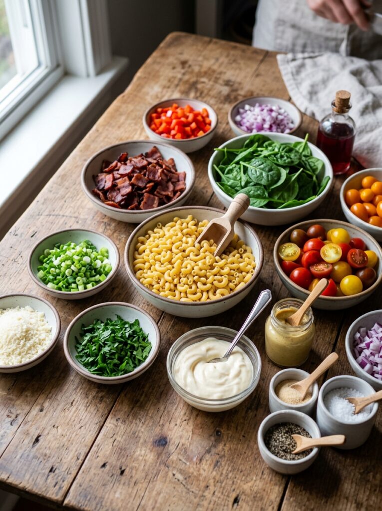 Smoked bacon tomato spinach macaroni salad 13 Ingredients for macaroni salad a… 202606062020