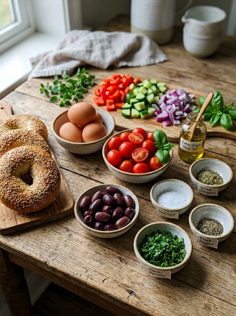 Mediterranean Tomato Olive Egg Bagel Recipe 13 Ingredients for mediterranean ba… 202605211233