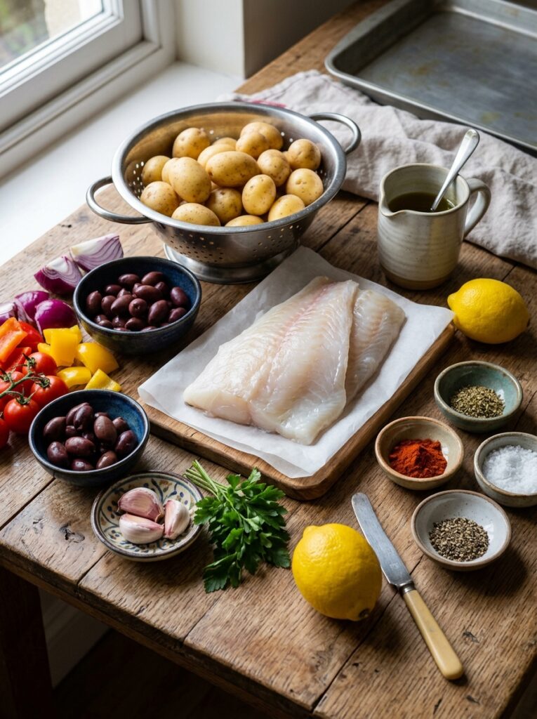 mediterranean cod and potato tray bake with olives recipe 13 Ingredients for mediterranean co… 202606021929