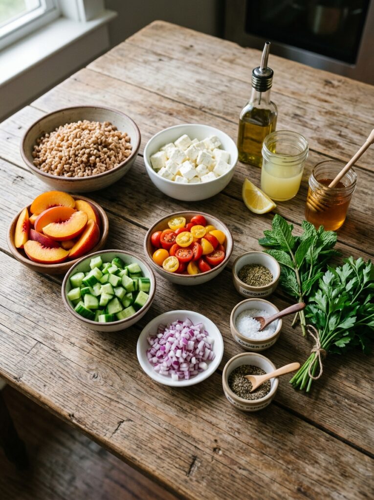 Mediterranean Summer Farro Salad with Peaches and Feta Recipe 13 Ingredients for mediterranean su… 202605251407
