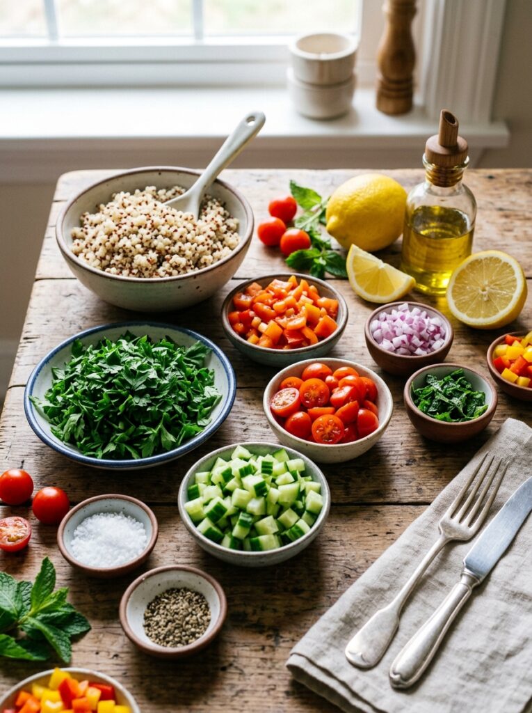 Mediterranean Tabbouleh Salad with Quinoa and Cucumber Recipe: Fresh, Healthy, and Easy 13 Ingredients for mediterranean ta… 202605211241