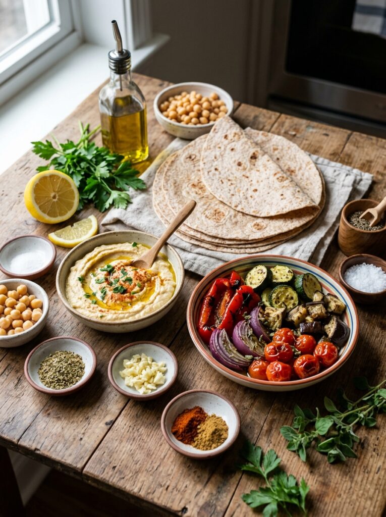 Mediterranean Roasted Veggie Hummus Wraps Easy Lunch Recipe 13 Ingredients for mediterranean wraps 202605211226