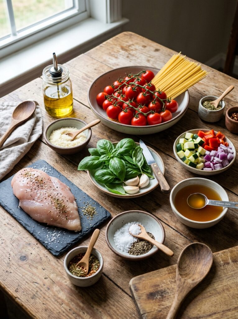 beginner mediterranean tomato basil chicken pasta recipe 13 Ingredients for pasta recipe 202605032146