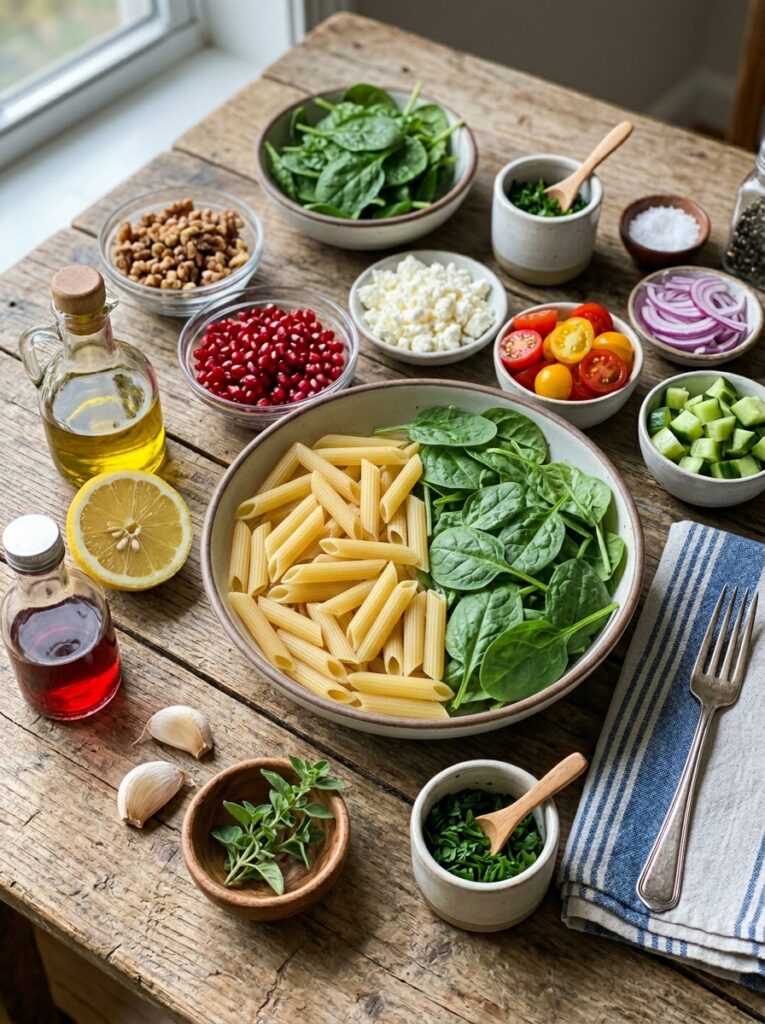 Pomegranate walnut spinach feta pasta salad 13 Ingredients for pasta salad arra… 202606041727
