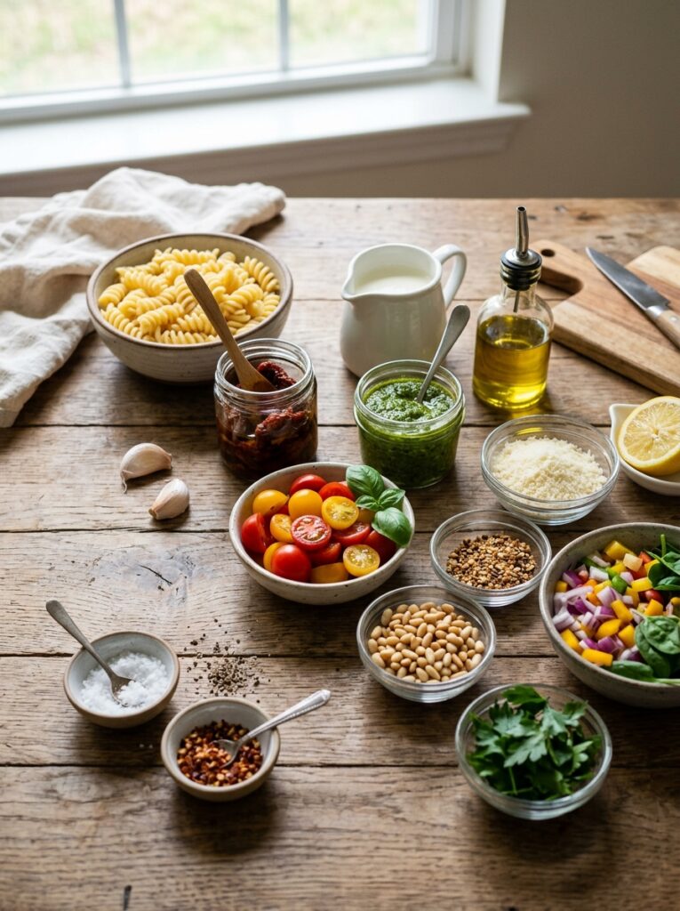 Creamy sun dried tomato pesto pasta salad 13 Ingredients for pasta salad arra… 202606051723