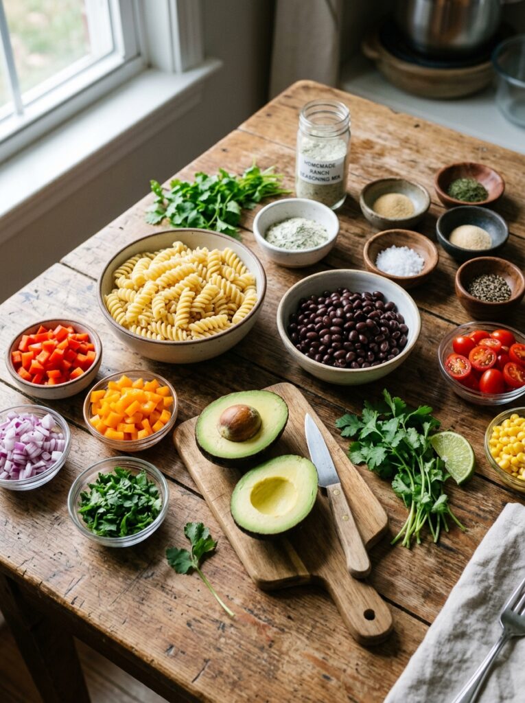 Creamy avocado ranch black bean pasta salad 13 Ingredients for pasta salad arra… 202606062003