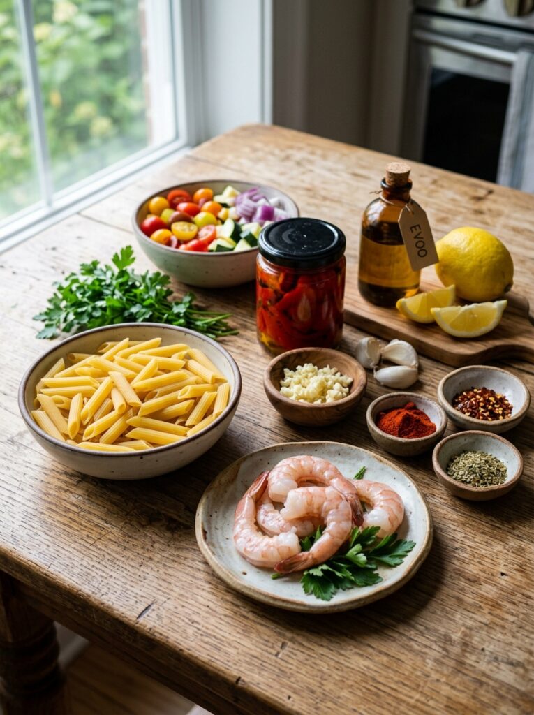 Mediterranean Roasted Red Pepper Pasta with Shrimp Recipe 13 Ingredients for pasta with shrimp 202605311544