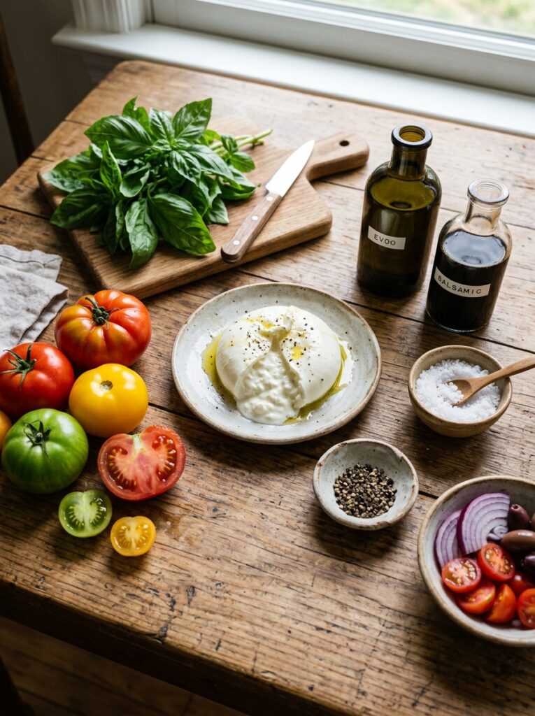 Mediterranean Tomato Burrata Basil Salad Recipe 13 Ingredients for tomato burrata s… 202605091916