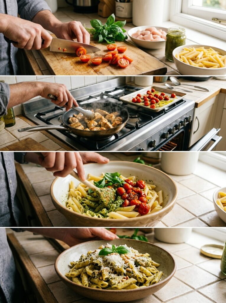 Mediterranean Pesto Chicken Pasta with Roasted Tomatoes Recipe 14 Pesto chicken pasta recipe process 202605042214