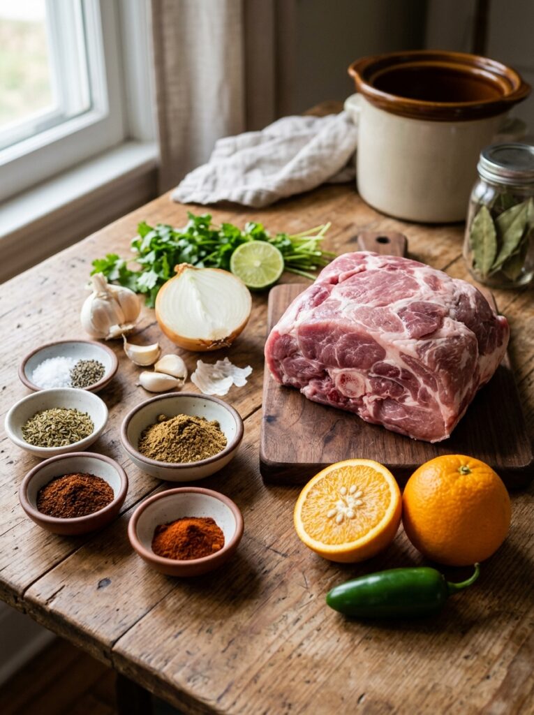 Slow cooker pork carnitas crispy 13 Pork carnitas ingredients on table 202606121446