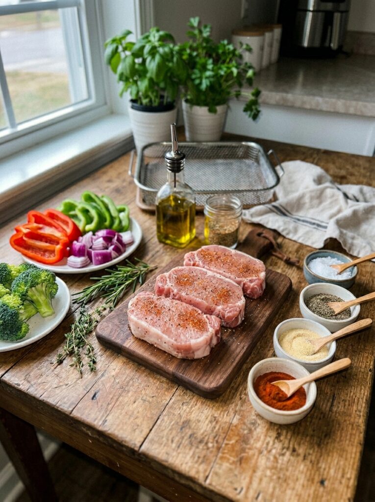 Easy air fryer pork chops boneless 13 Pork chops ingredients on table 202606101958