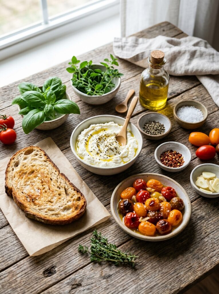 Mediterranean Ricotta Toast with Roasted Tomatoes and Herbs Recipe 13 Ricotta toast ingredients arrang… 202605082014