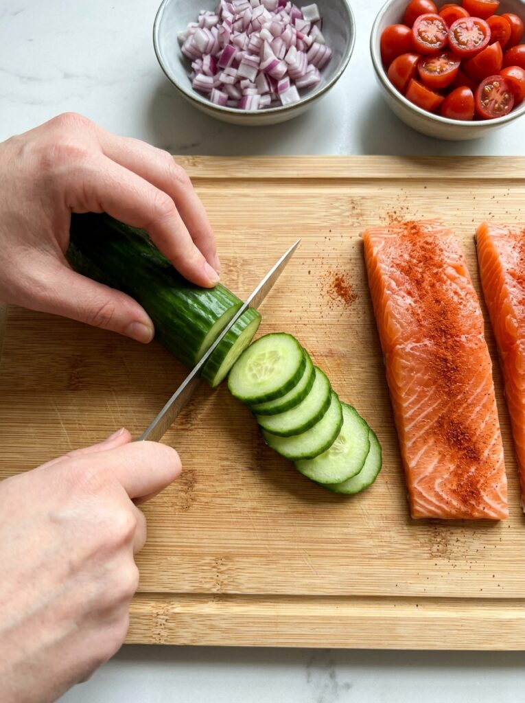 Mediterranean salmon rice bowls with cucumber feta salad recipe 14 Salmon rice bowls recipe process 202605142247