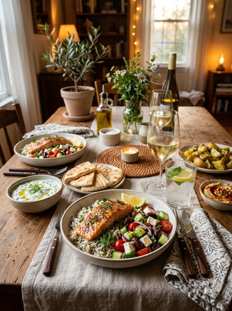 Mediterranean salmon rice bowls with cucumber feta salad recipe 15 Salmon rice bowls with salad 202605142247 1