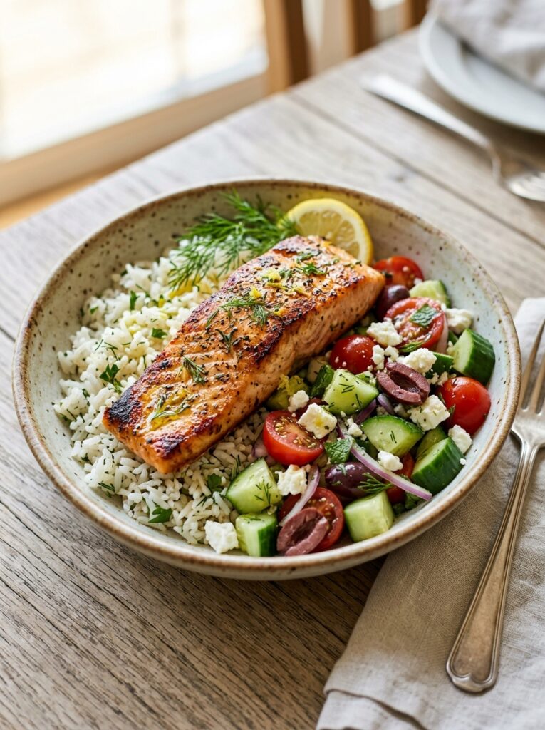 Mediterranean salmon rice bowls with cucumber feta salad recipe 12 Salmon rice bowls with salad 202605142247