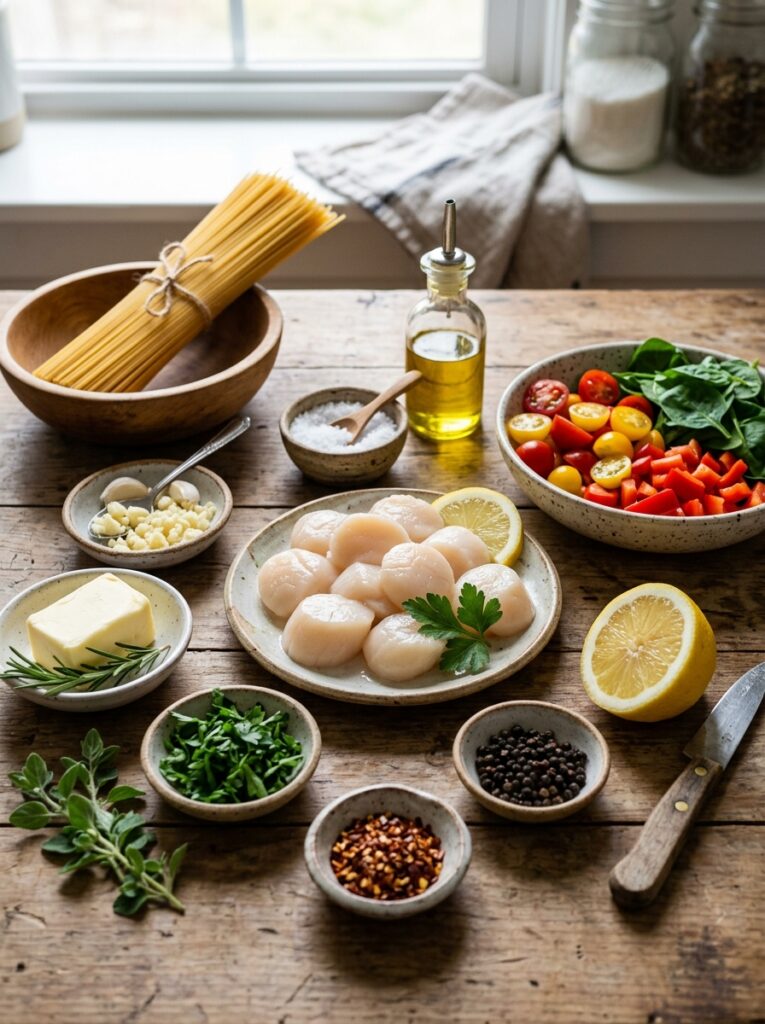 Mediterranean Garlic Butter Scallop Pasta with Herbs Recipe 13 Scallop pasta ingredients arrang… 202605111205