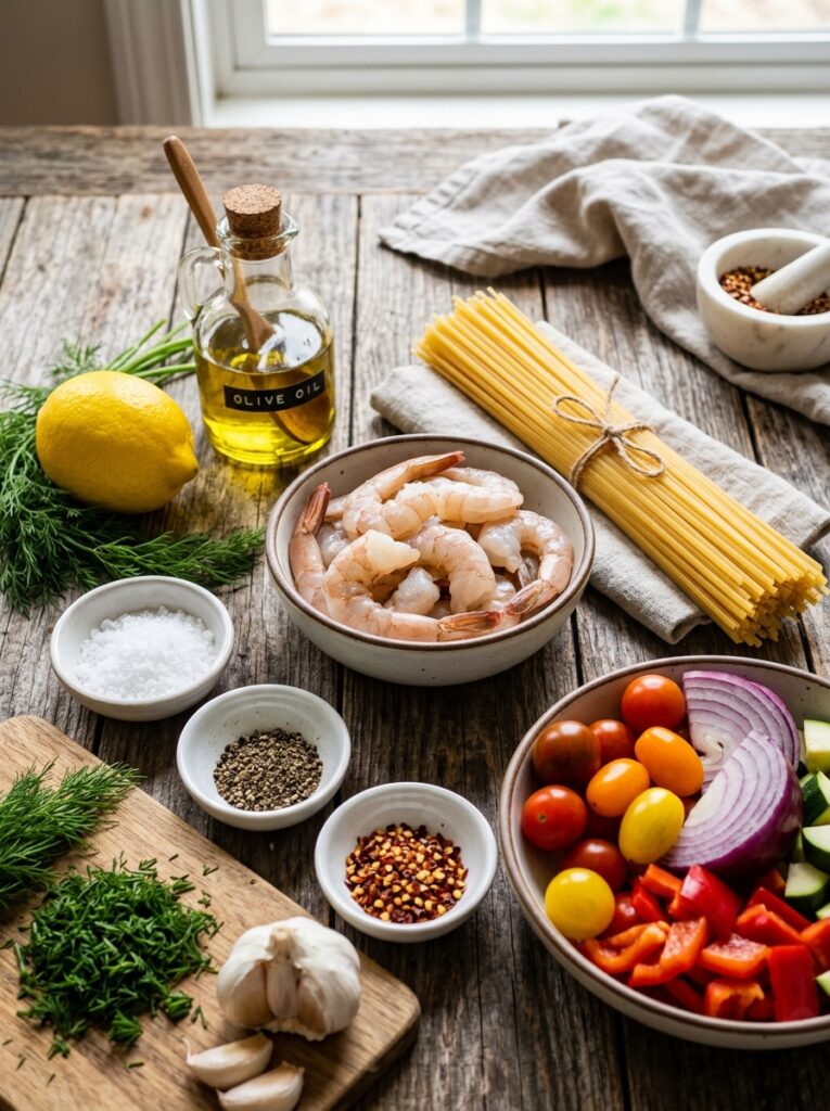 beginner mediterranean lemon dill shrimp pasta recipe 13 Shrimp pasta ingredients on table 202605251411
