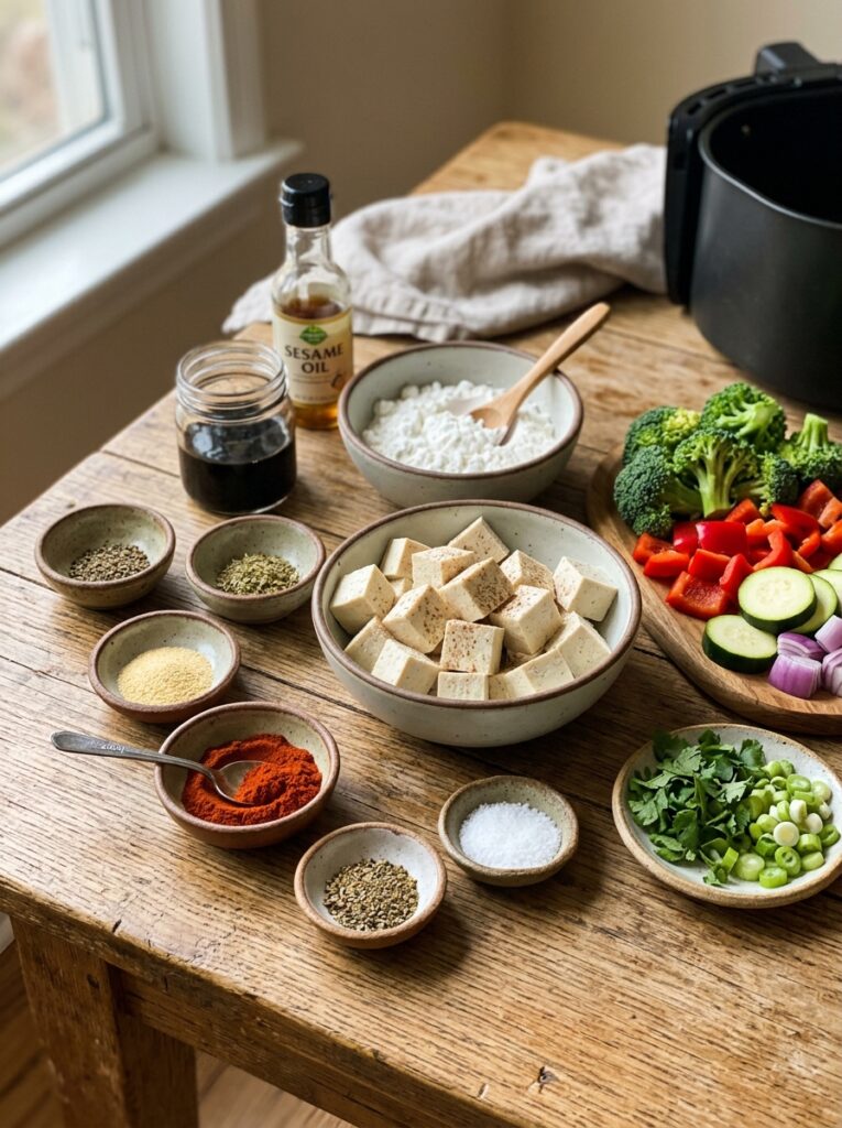 Crispy Air Fryer Tofu Cubes: The Ultimate Recipe Guide 13 Tofu ingredients arranged on table 202606102054