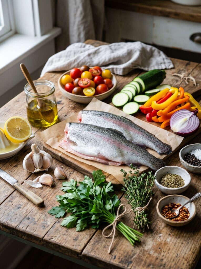 Trout ingredients arranged on table 202605052018